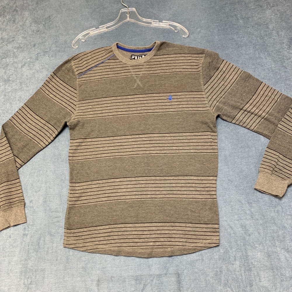 Volcom Sweater Mens Large Gray Striped Waffle Knit Crew Neck Classic Casual Wear
